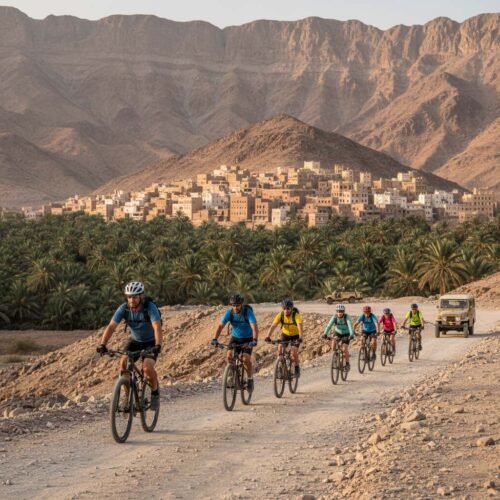 Cyclists on a track below the old village of Al Hamra and its palm groves
