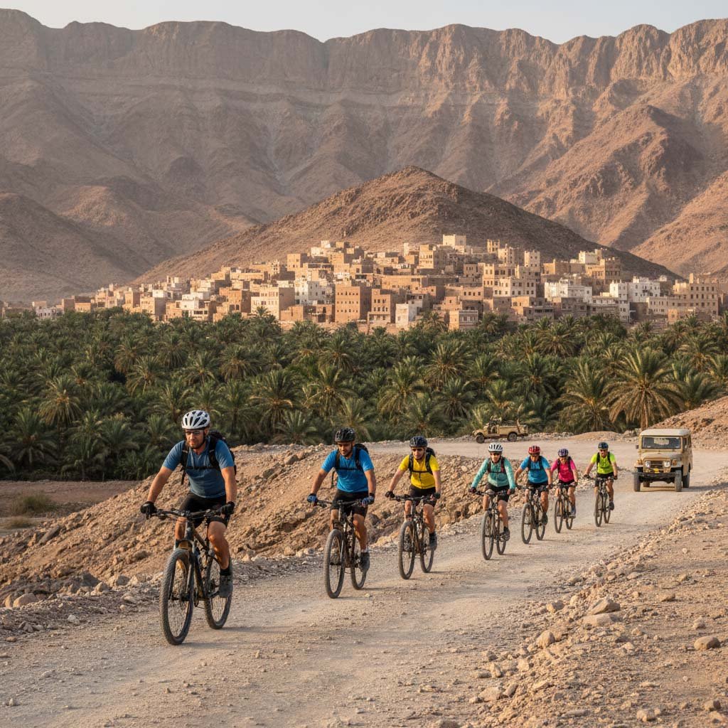 Cyclists on a track below the old village of Al Hamra and its palm groves