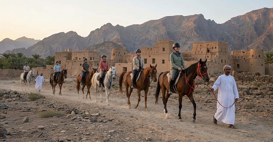 Riders on horseback with a guide below the old houses of Al Hamra