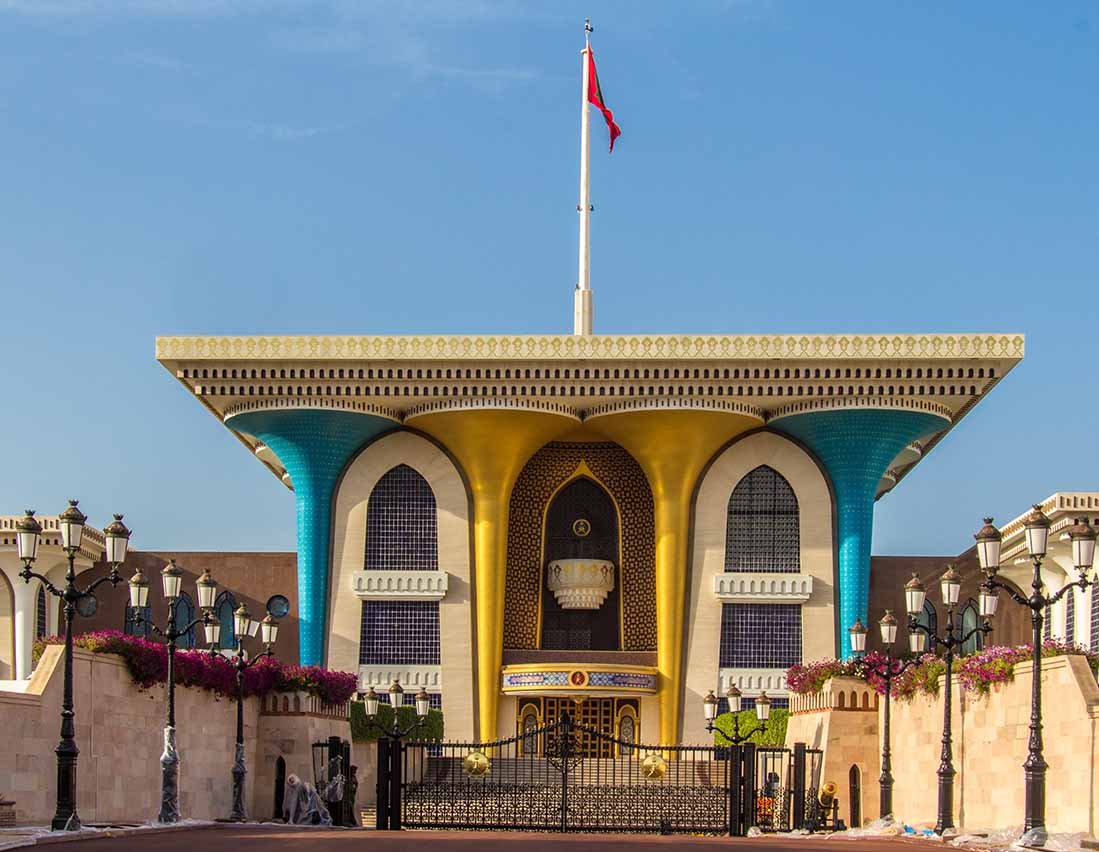 Al Alam Palace in Muscat, with its blue and gold columns
