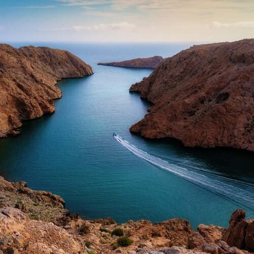 Aerial view of the bays and cliffs of Bandar Khayran