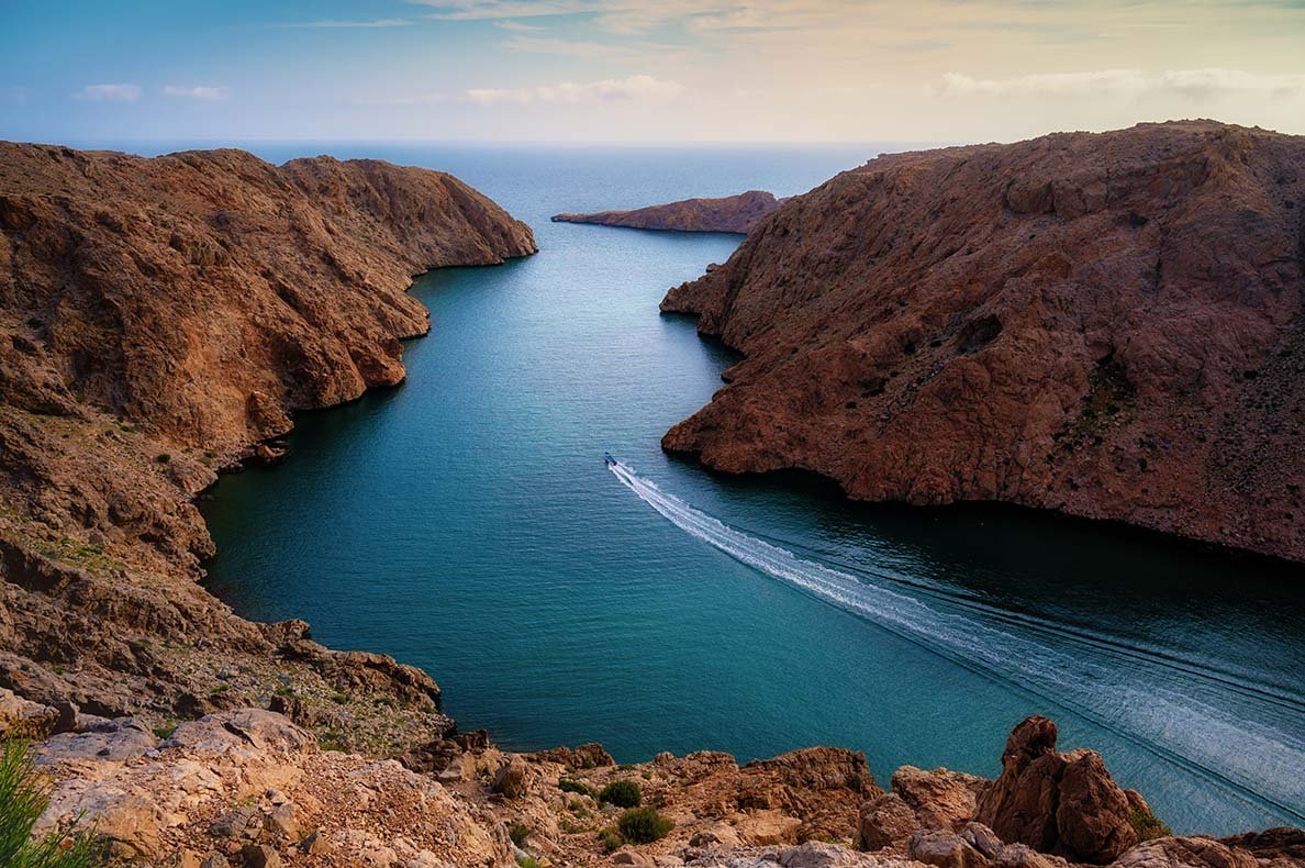 Aerial view of the bays and cliffs of Bandar Khayran