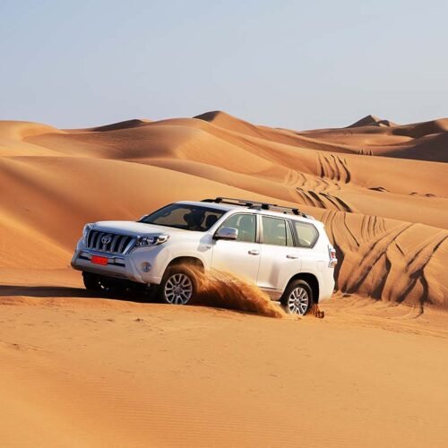 A four-wheel drive climbing a sand dune