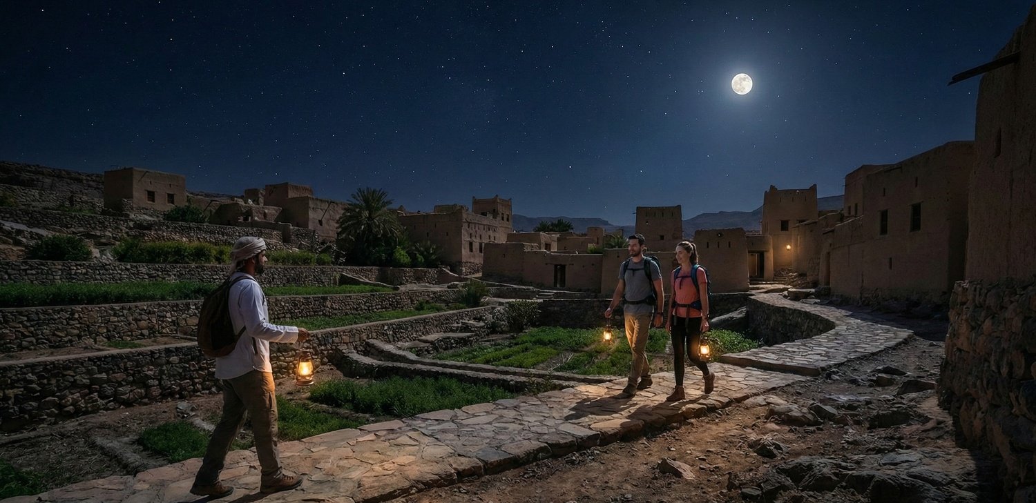 Walkers with lanterns in Misfat under a full moon