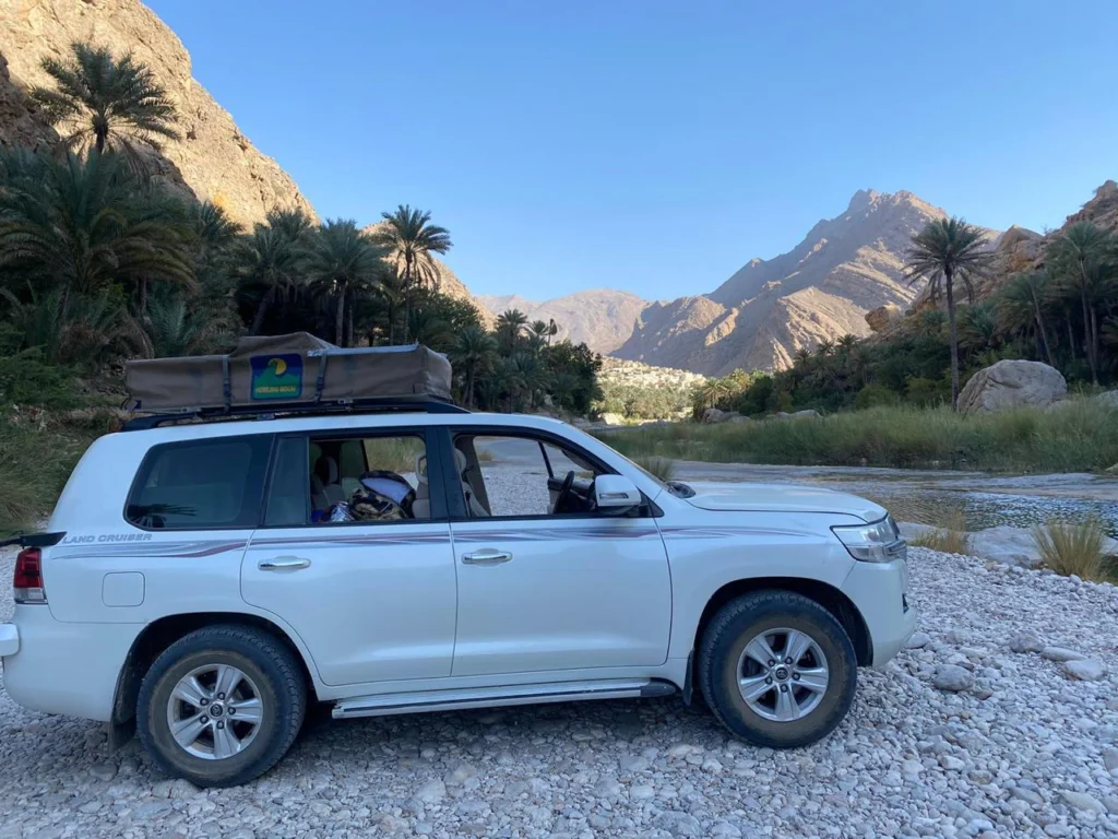 A white Land Cruiser parked on gravel beside a wadi with palm trees and mountains behind