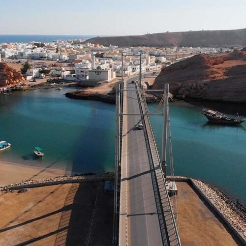 Aerial view of Sur, its lagoon and the bridge across it