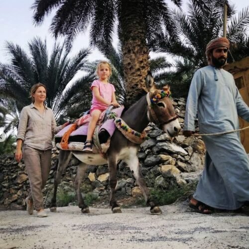 A child riding a donkey, led by a guide among palms