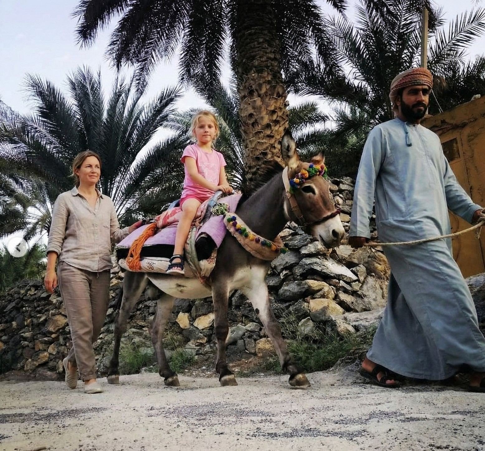 A child riding a donkey, led by a guide among palms