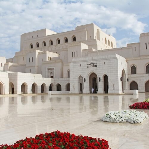 Royal Opera House Muscat with flower beds in front