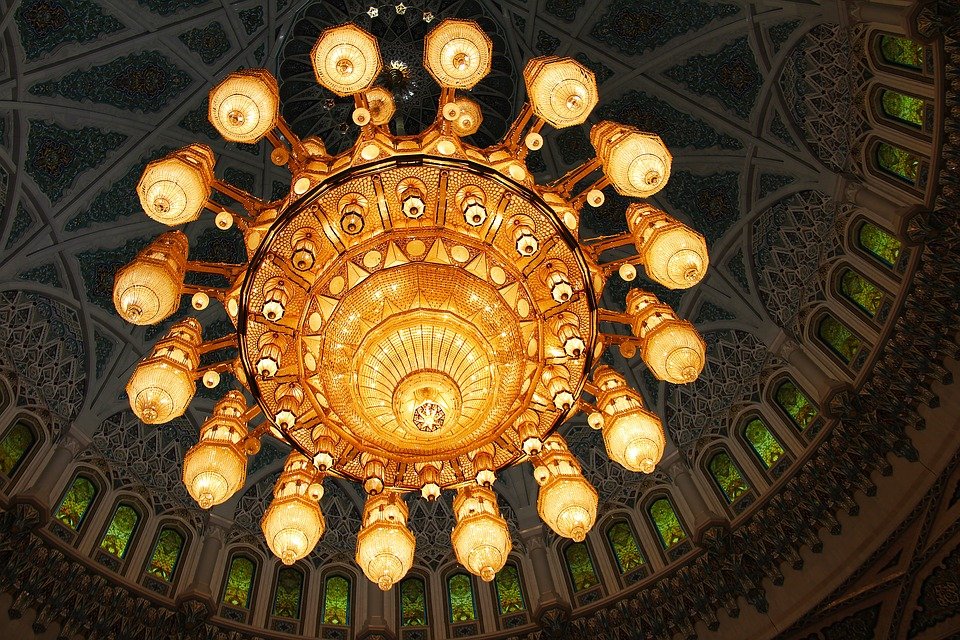The great chandelier under the dome of the Sultan Qaboos Grand Mosque